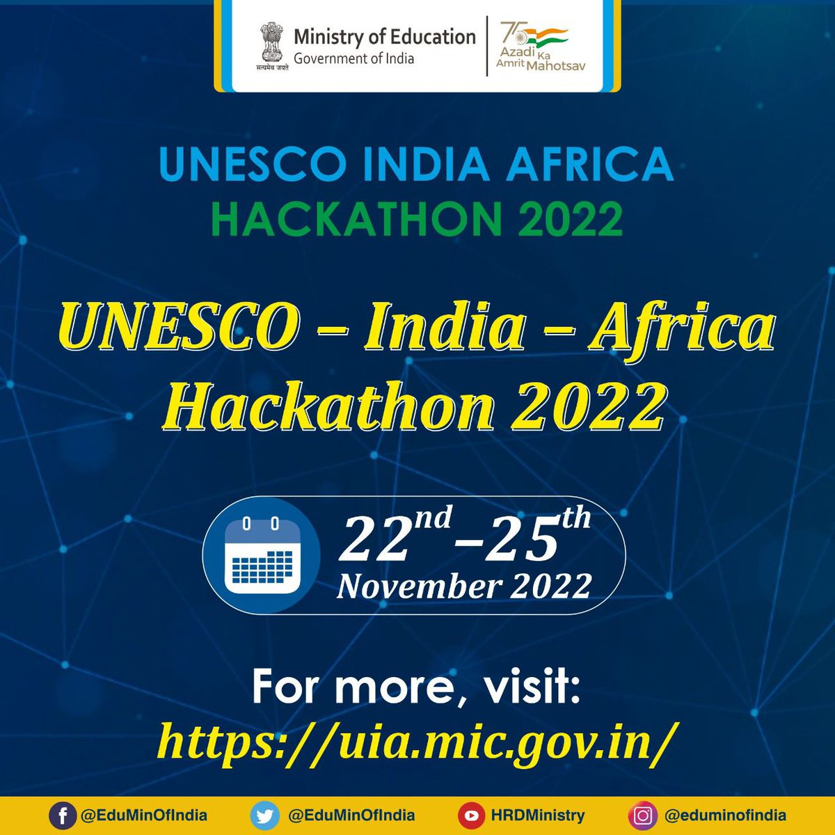 EduMinOfIndia's tweet photo. The @EduMinOfIndia in association with @MEAIndia &amp; UNESCO is organising the UNESCO-India-Africa Hackathon from 22-25 Nov, 2022. A total of 23 nations will participate in this unique event. 

For more, visit: https://t.co/0DhTJdWM1u https://t.co/chWtD68w45