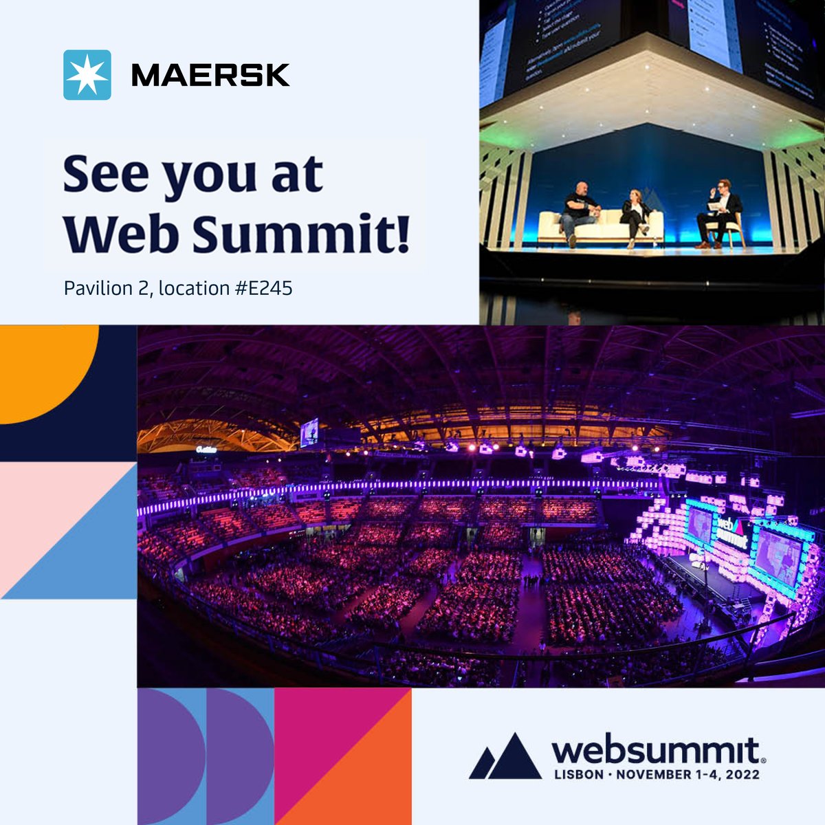 Maersk's tweet photo. Tech fans unite!👩💻
We are ready to attend @WebSummit 2022 and share our journey to digitise the logistics industry!🚢
Stop by booth #E245 in pavilion 2 to meet our technology teams and our team from @MaerskGrowth
#Maersk #logistics #innovation #Tech #Technology #MaerskTech https://t.co/CgV0BKvDV5