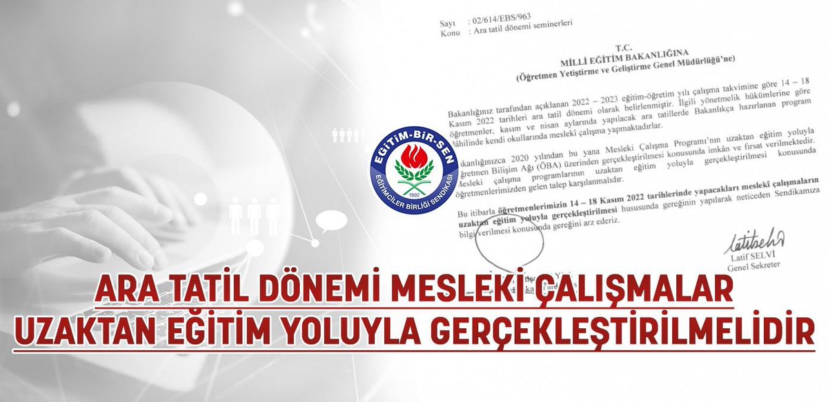Ara tatil dönemi mesleki çalışmalar uzaktan eğitim yoluyla gerçekleştirilmelidir

<a href="/tcmeb/">Millî Eğitim Bakanlığı</a>'e başvuruda bulunarak, öğretmenlerin 14-18 Kasım 2022 tarihlerinde yapacakları mesleki çalışmaların uzaktan eğitim yoluyla gerçekleştirilmesini talep ettik.

▪️ebs.org.tr/manset/5690/ar…