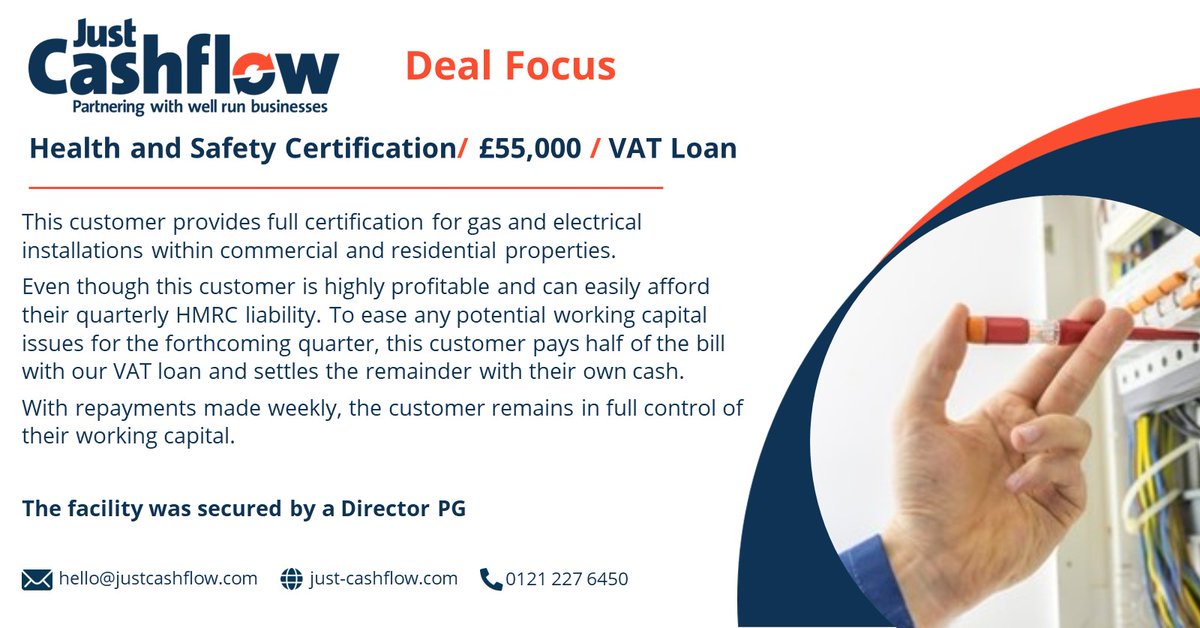 *Deal Focus*
This customer returns every quarter to use our VAT loan facility.
They pay part of the liability and use our loan to spread the cost of the remaining balance. 
Paying for this loan weekly or monthly allows them to manage their future quarter cash flow efficiently.