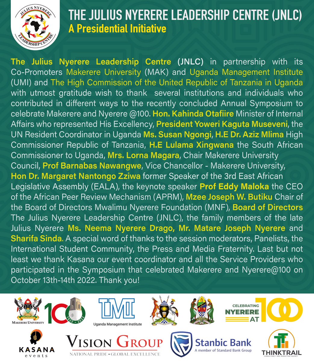 TheJNLC's tweet photo. Thank you for attending the Annual Julius Nyrere Symposium that celebrated #MakerereAt100 and #NyerereAt100 https://t.co/35CrepktRt
