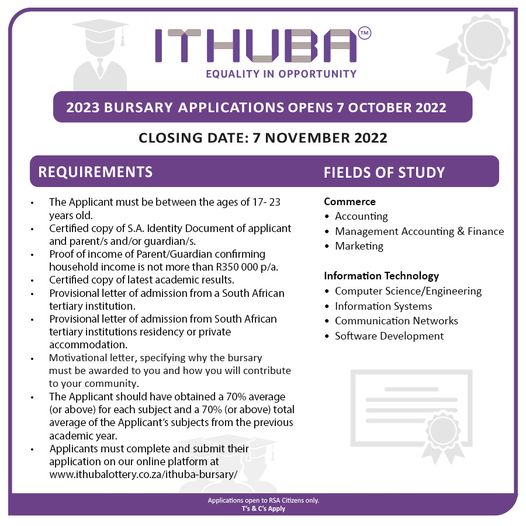 LimpopoGcis's tweet photo. ITHUBA is again awarding qualifying students with 100% bursaries for the year 2023, and applications are now open.

Qualifying Grade 12 and first or second-year tertiary students are invited to apply online: https://t.co/45j5ZUi5aB 

#Bursary2023 https://t.co/n9NaXHXTzc
