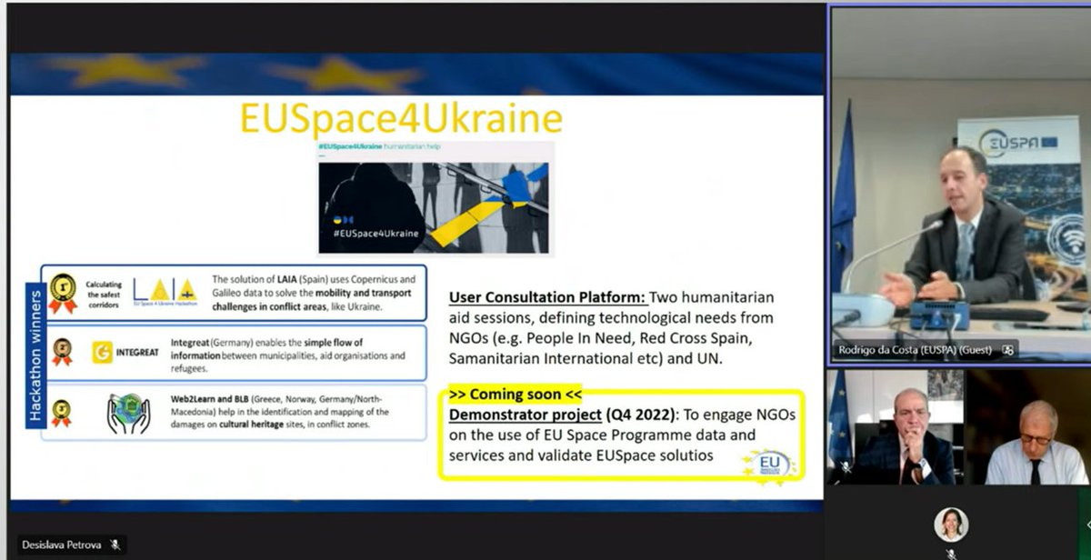 I presented several examples, such as the #EUspace4Ukraine initiative that connects #EUspace innovators with NGOs to enhance humanitarian support for🇺🇦. Learn more about the #EUspace4Ukraine platform here: euspa.europa.eu/euspace4ukrain… #EUAgencies