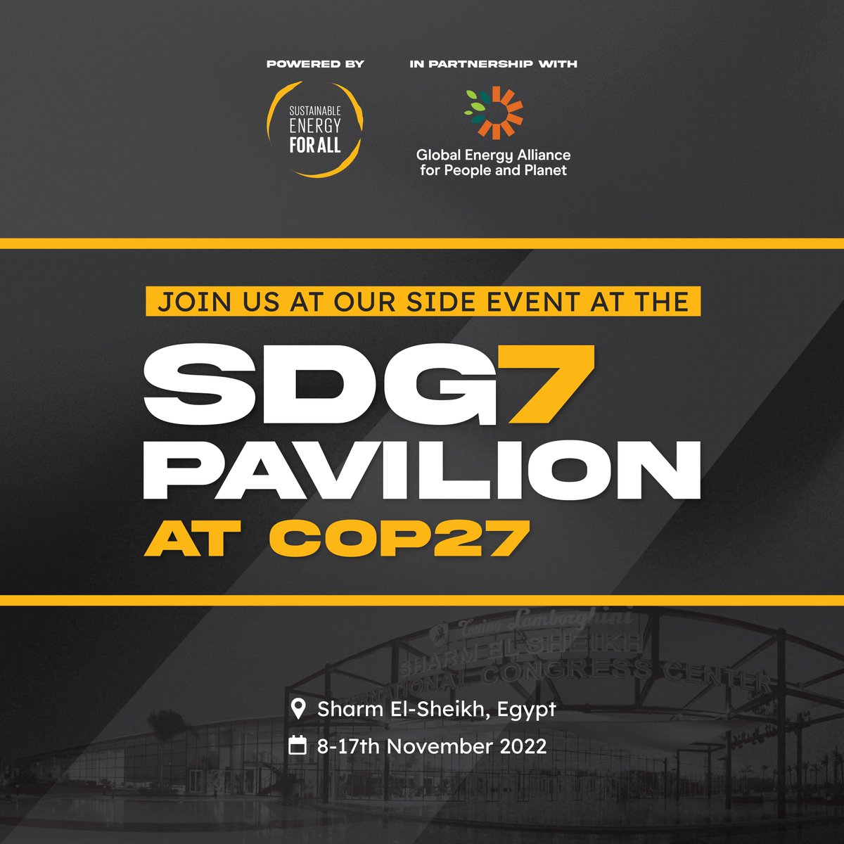 ⚡🇪🇬 The @EnergyAlliance will be organizing multiple side events a the #SDG7Pavilion at the #COP27 Blue Zone! Don't miss our discussions on #energyacccess and #energytransition and register now at @SEforALLorg's virtual platform: webapp.spotme.com/login/eventspa… #LetsChangeEnergy #SDG7