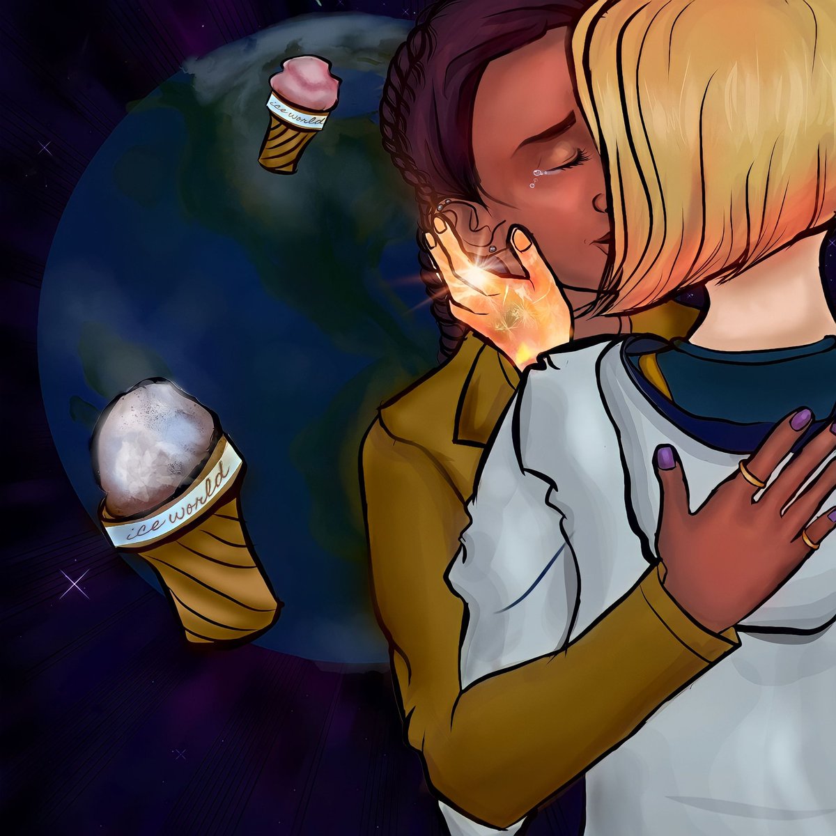 deadlilies's tweet photo. My art. Hoped we'd see them kiss 💔 Best limited edition 🍦 in the galaxy &amp; a cozy way to gaze at 🌎 Still not a bad date, yeah? 👩🏼‍❤️‍💋‍👩🏾🌌

 #THASMIN #13xYaz #SpaceSapphics #SpaceLesbian #queernerds #ThePowerOfTheDoctor #TPOTD #yasminkhan #JodieWhittaker #MandipGill #13xYaz https://t.co/z9fEsBE5MX