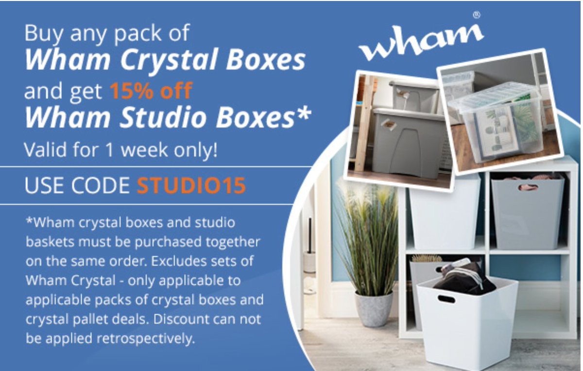 ✨Inflation busting OFFER:

Buy any pack of Wham® Crystal Boxes and get 15% OFF Wham® Studio Boxes* - using the code STUDIO15!

Valid for 1 week ONLY!

SHOP NOW 👇🏻
plasticboxshop.co.uk/wham-storage-m…