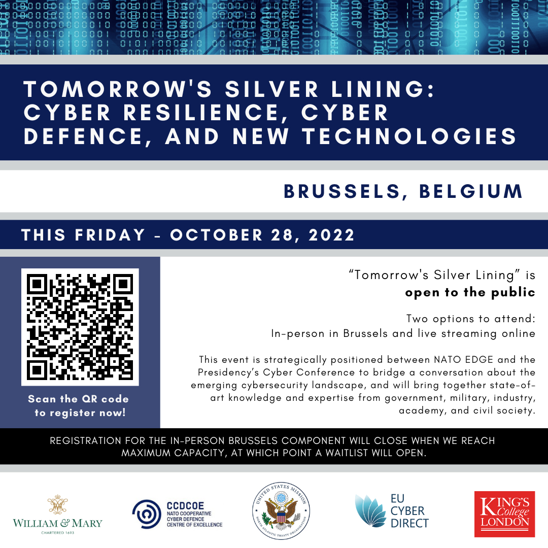 Cyber Resilience, Cyber Defence, and New Technologies. Starts tomorrow in #Brussels, oragnized by <a href="/khfloyd/">Kay Floyd</a>. the Whole of Govt COE <a href="/williamandmary/">William & Mary</a>,  <a href="/InternationalWM/">W&M Reves Center</a>, <a href="/KingsCollegeLon/">King's College London</a>, and <a href="/EUCyberDirect/">EU Cyber Direct</a>.