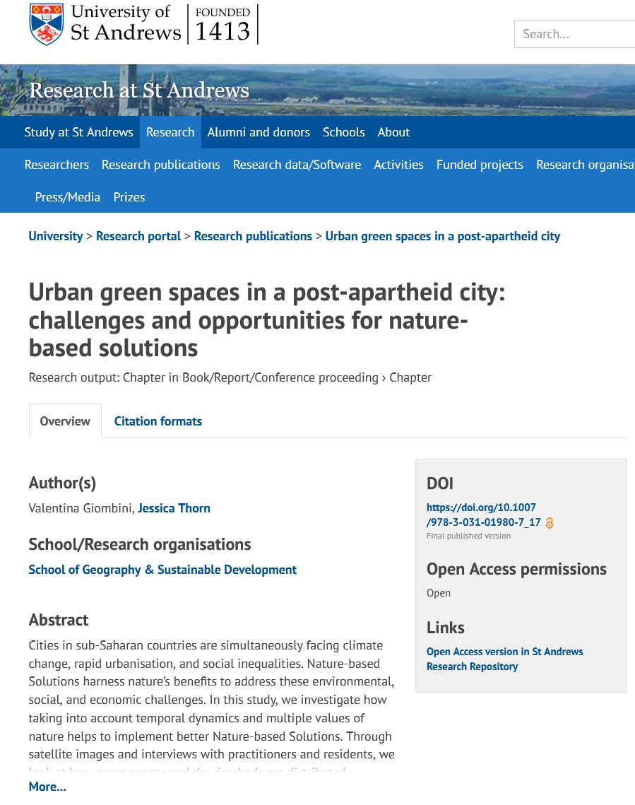 Check out #OA book chapter from Valentina Giombini & @JessicaPRThorn,
'#UrbanGreenSpaces in a post-apartheid city: challenges and opportunities for nature-based solutions' 🏞️🌐
👉doi.org/10.1007/978-3-…

#OpenForClimateJustice #EnvironmentalJustice #OAWeek2022