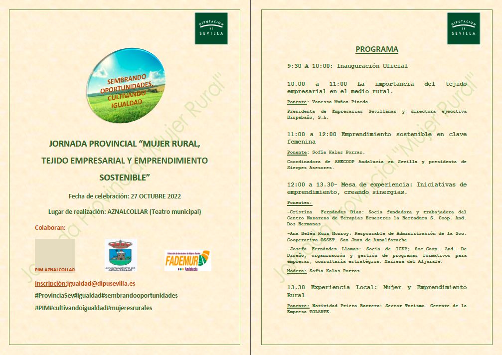 AMECOOP_'s tweet photo. Hoy en las jornadas “Mujer rural, tejido empresarial y emprendimiento sostenible” de @DIPUSEVI con @culturaaznalco2 y @fademurand por el Día de la Mujer Rural
Intervienen empresarias #coop @infoherradura #ICEP #Osset y @SofiaKalas7
#SevillaEsProvincia #igualdad #AMECOOP #rural https://t.co/Kmd22bc5Ex