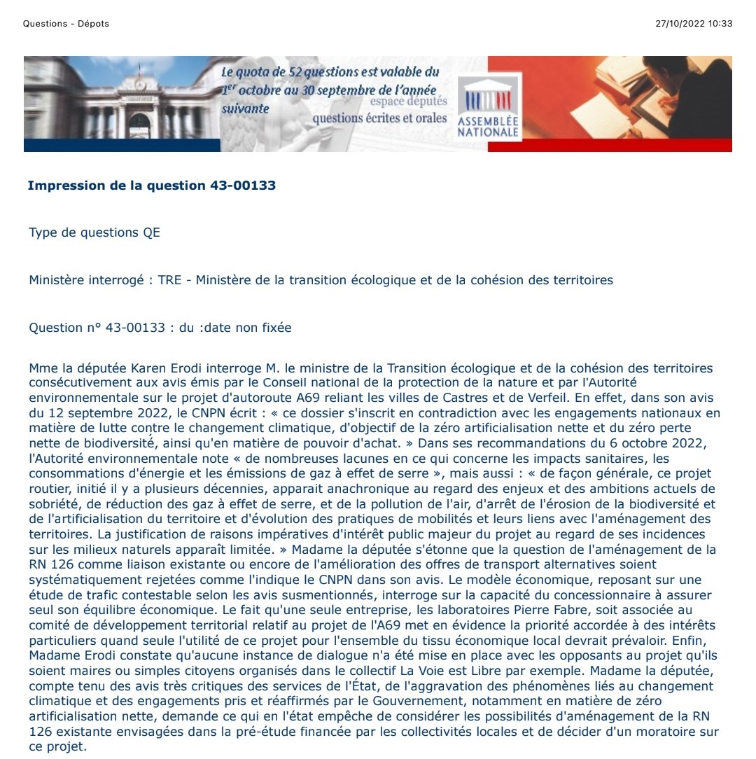 KarenErodi's tweet photo. J'interroge le Ministre de la Transition Ecologique et de la Cohésion des Territoires au sujet de l'autoroute A69 Castres-Toulouse et des avis émis très critiques des services de l'État (Conseil National de la Protection de la Nature et de l'autorité environnementale). https://t.co/I2Lgi2teAQ