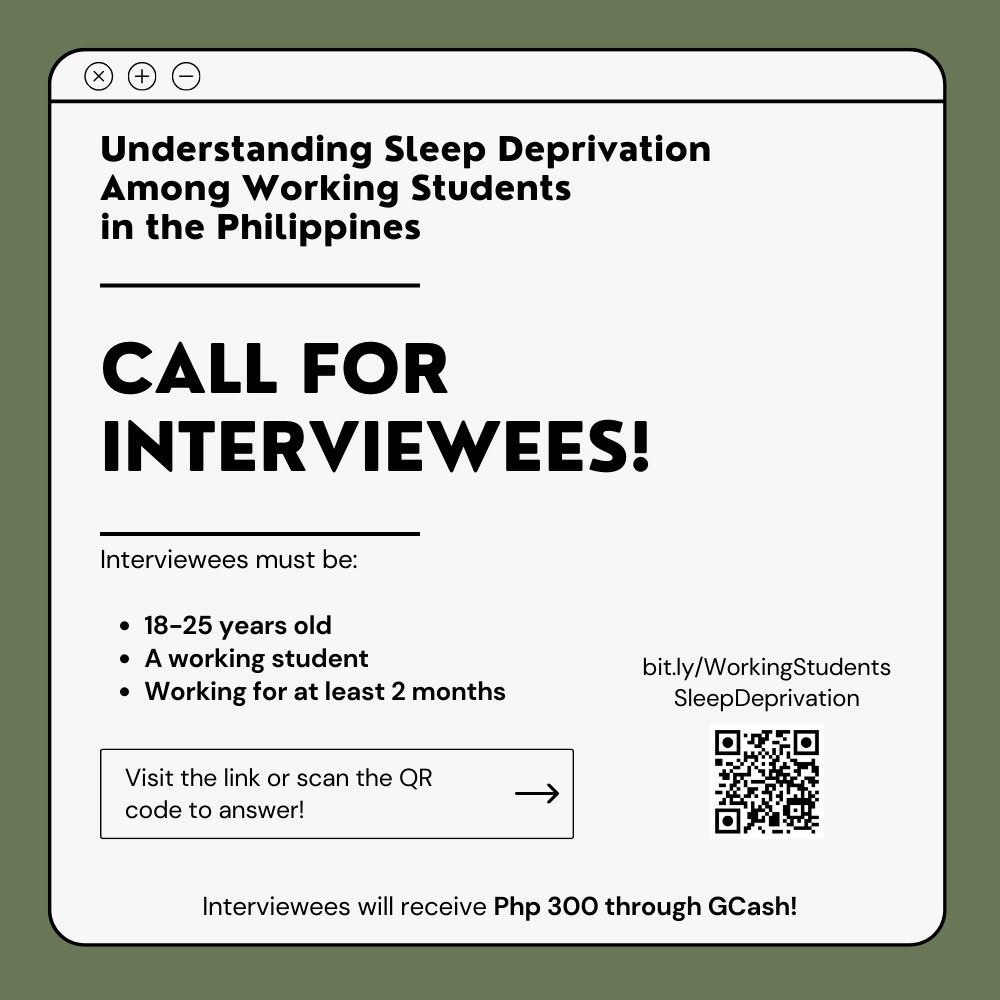 miggydimaiwat's tweet photo. ‼️CALL FOR SURVEY RESPONDENTS &amp; INTERVIEW PARTICIPANTS‼️

😴 18-25 years old
😴 A working student
😴 Working in your job for at least 2 months

https://t.co/uNkFNnMQKM…

contact me for questions/concerns: mjadimaiwat@gmail.com https://t.co/vSVX6UjDR5