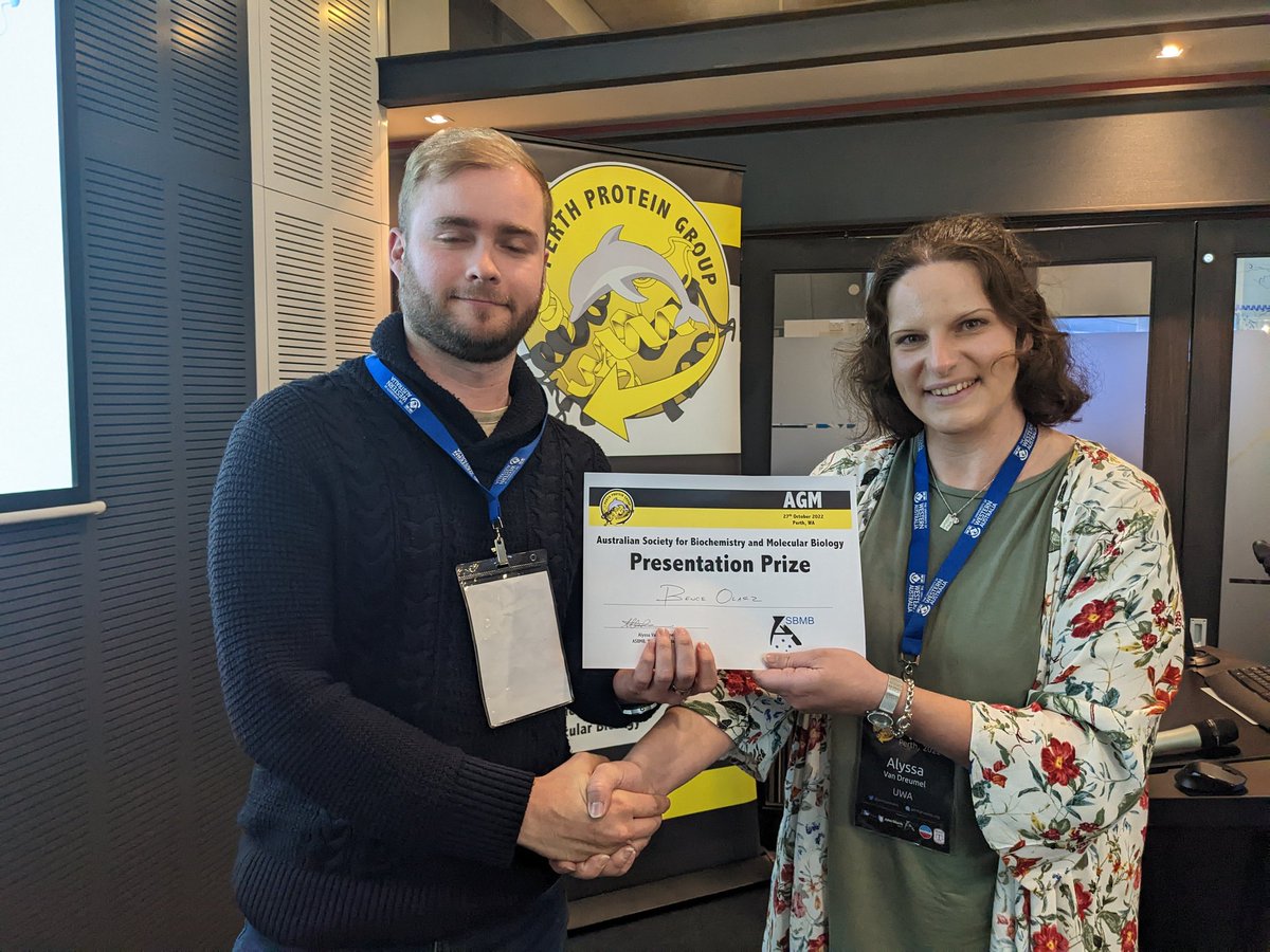 PerthProteins's tweet photo. Congratulations to our prize winners for posters (@andy_tuckey  &amp; Lamprini Baklous) and presentations (Bence Olasz &amp; Merrin Mary Eapen) 🏅🎖️ #PPG22 https://t.co/Pkf5Gu4to3