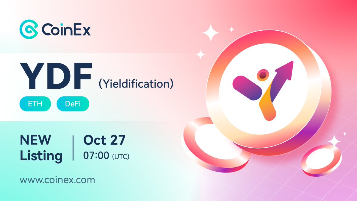 coinexcom's tweet photo. 🚀 New Listing

CoinEx Lists $YDF
@yieldification is a real yield #NFT utility #DeFi protocol

✅ Trading Pair: YDF/USDT
✅ Deposit &amp; Withdrawal: 7AM UTC 27th Oct
✅ Trading: 10AM UTC 27th Oct

Learn more 👉 https://t.co/pHdwqBW0DR

#CoinEx #YDF #Yieldification #ETH #TokenListing https://t.co/IcD49OoRmb