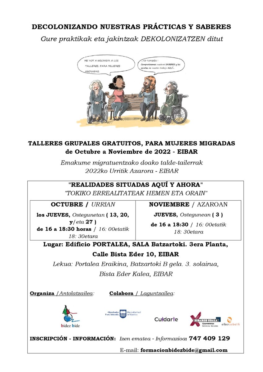 EibarZabalik's tweet photo. Emakume migratuentzako #Bidezbide antolatutako "Tokiko errealitateak hemen eta orain" talde-tailerren 3.saioa Portalean
Hurbildu zaitez!
Esta tarde en Portalea,3ª sesión de los talleres para mujeres migradas organizado por #BidezBide "Realidades situadas aquí y ahora"
¡Acércate! https://t.co/g9oB3TezK2