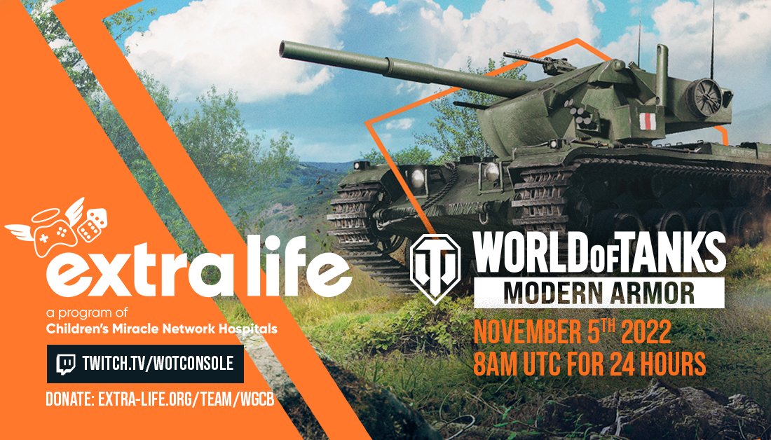 World of Tanks Modern Armor (@wotmodernarmor) on Twitter photo 10 Years in a Row! #ExtraLife2022 #ForTheKids
Don't miss our 25-Hour <a href="/ExtraLife4Kids/">Extra Life</a> Twitch Stream, LIVE on Nov 5th at 8 AM UTC!
⭐️Giveaways ⭐️Tanking After Dark ⭐️LIVE Q&A with BAM1500
console.worldoftanks.com/en/extra-life-…
And ask your questions to BAM here: wotc.gg/QnA 10 Years in a Row! #ExtraLife2022 #ForTheKids
Don't miss our 25-Hour <a href="/ExtraLife4Kids/">Extra Life</a> Twitch Stream, LIVE on Nov 5th at 8 AM UTC!
⭐️Giveaways ⭐️Tanking After Dark ⭐️LIVE Q&A with BAM1500
console.worldoftanks.com/en/extra-life-…
And ask your questions to BAM here: wotc.gg/QnA
