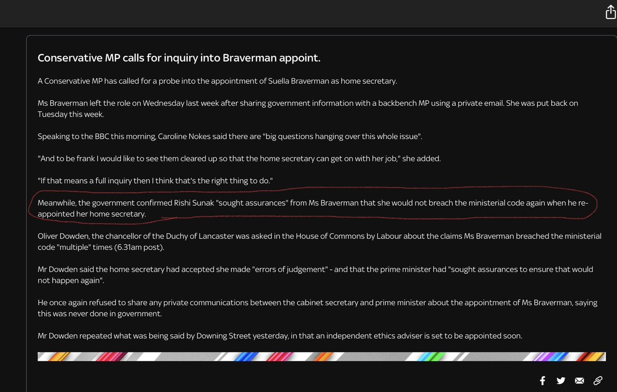 Imagine having to ask a key member of your Cabinet to promise she wouldn’t break the rules. Again. Imagine. Suella Braverman - and by extension the Prime Minister - is an utter disgrace. #MoralCorruption #SackHerNow