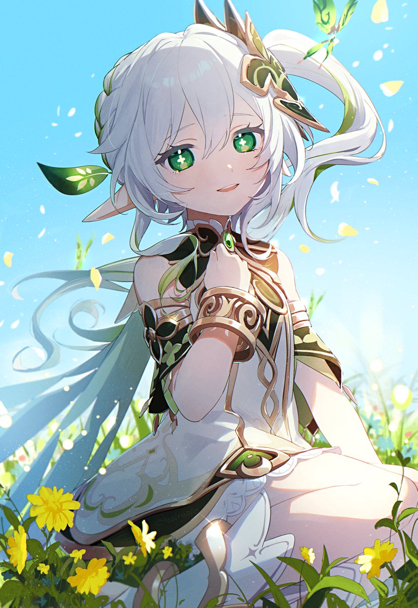 nahida (genshin impact) 1girl green eyes white hair solo pointy ears dress symbol-shaped pupils  illustration images