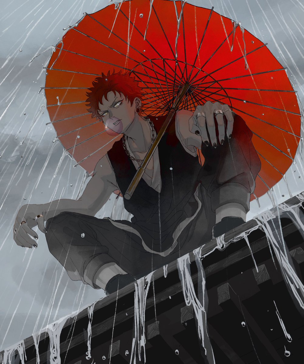 1boy male focus solo umbrella rain red hair jewelry  illustration images