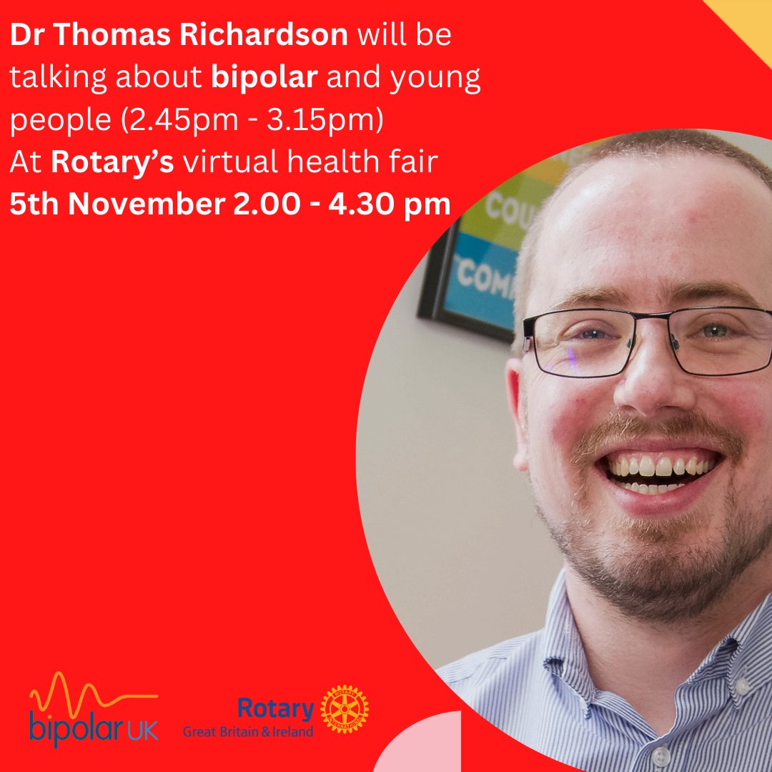 On 5th November <a href="/DrTomRichardson/">Dr Thomas Richardson</a>  will be talking about #bipolar and young people (2.45- 3.15) at <a href="/RotaryGBI/">Rotary GB & Ireland</a>'s virtual health fair.

You can find out more and sign up here: bipolaruk.org/rotary-health-…