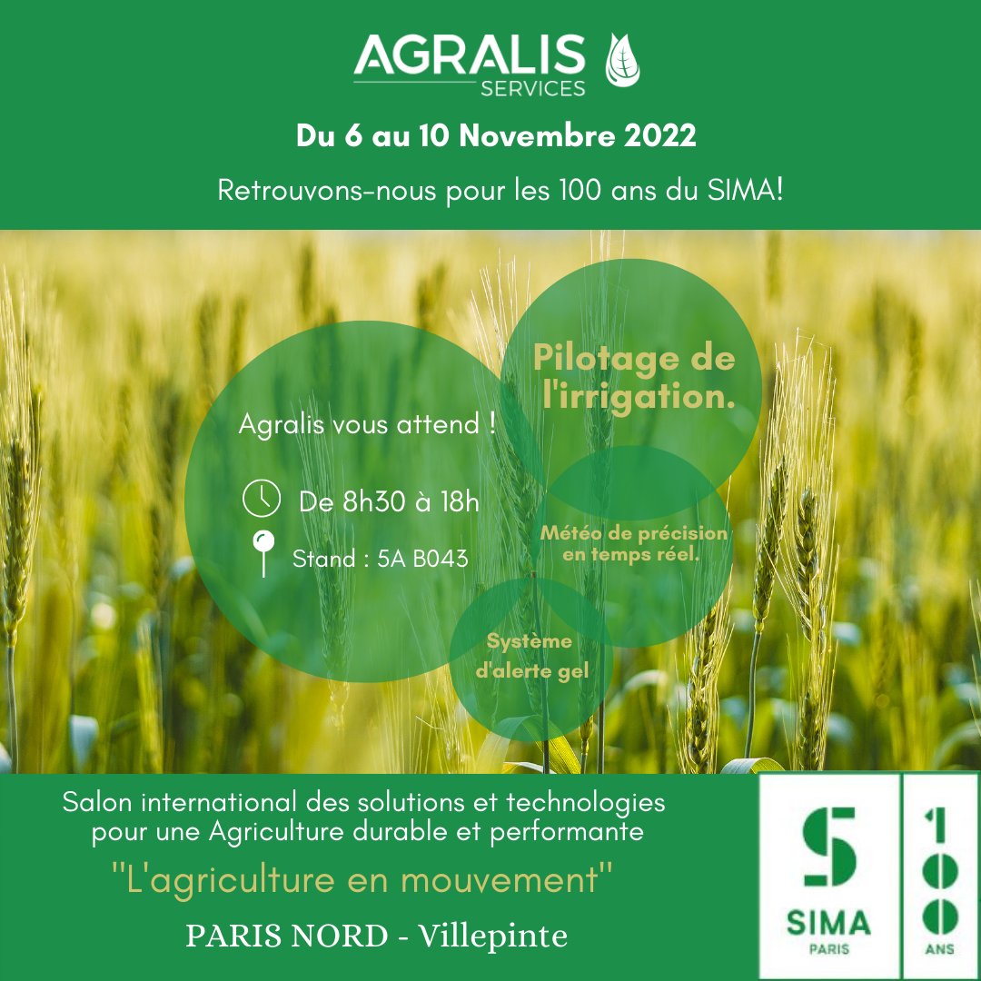 AgralisServices's tweet photo. À vos agendas !📆
Retrouvez l'équipe Agralis du 6 au 10 novembre pour l'édition 2022 du @sima_paris !🌾🚜
#SIMA #agriculture #irrigation #stationmeteo #sondescapacitives #sentek #aquafox https://t.co/32gqhc615G