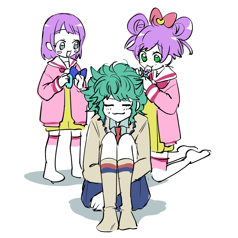 multiple girls purple hair school uniform 3girls bow hair bow green hair  illustration images