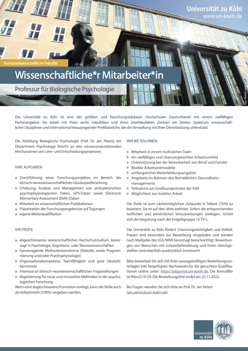 Job alert <a href="/peters_lab/">PetersLab</a> (sorry - German skills required): 
die Kölner Biopsychologie sucht *immer noch* Verstärkung für ein neues <a href="/dfg_public/">DFG public | @dfg_public@wisskomm.social</a>-Projekt. Bitte RT, bei Fragen gerne DM. 
<a href="/bioDGPs_DGPA/">Psychology & Brain</a>