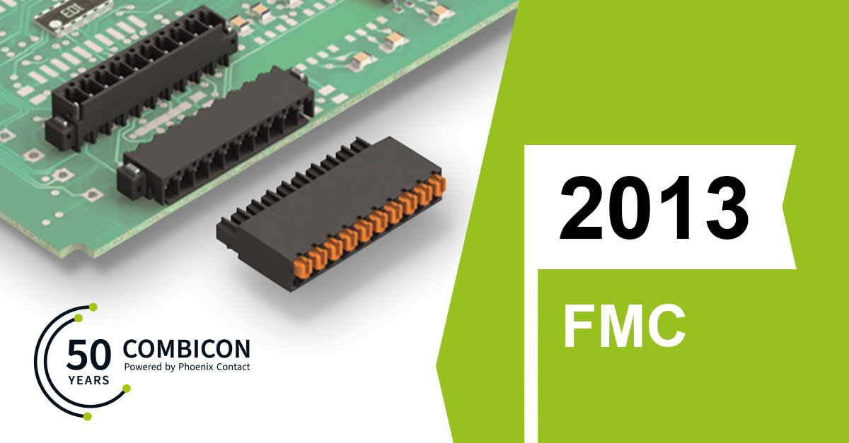 50 vuotta  #COMBICON virstanpylväitä - 2013: FMC 0,5- ja DFMC 0,5-sarjat tarjoavat erittäin litteän muotoilun, jossa on korkea pinnitiheys kaksikerroksisessa versiossa. Kullattu liitostekniikka takaa pitkäaikaisen ja vaakaan liitoksen. 
👉phoe.co/combicon50year…
#combicon50years