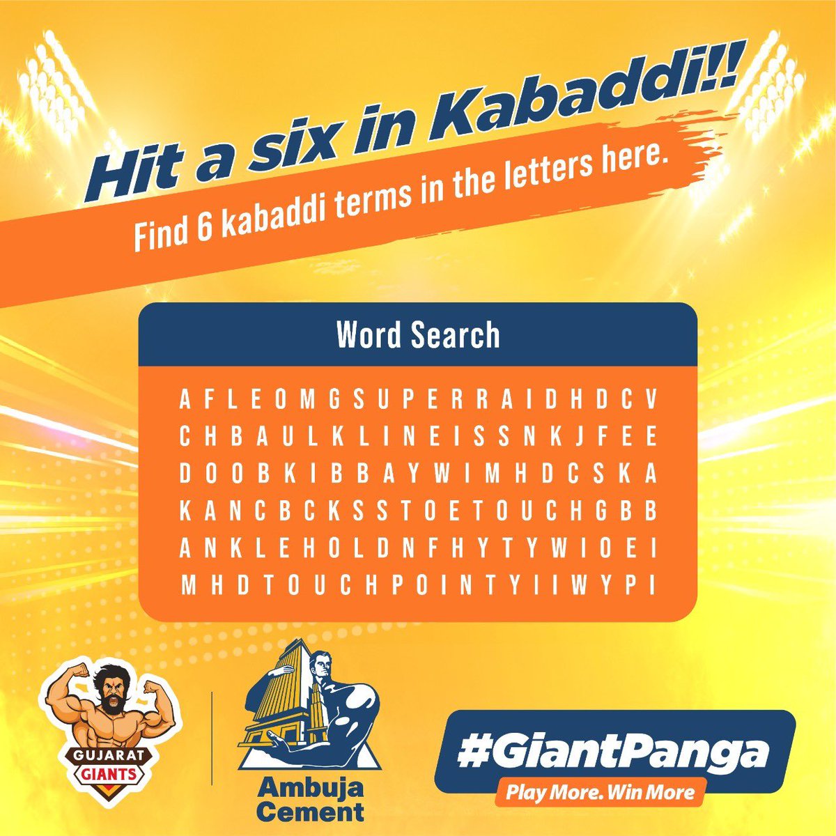 To win more, you have to play more! Let us know the 6 hidden kabaddi terms in the comment section below and get the chance to win merchandise.
#GiantCompressiveStrength #Contest
#LePanga #GarjegaGujarat #GiantArmy #GiantPanga #GujaratGiants #PKL #Adani #AmbujaCement <a href="/ProKabaddi/">ProKabaddi</a>