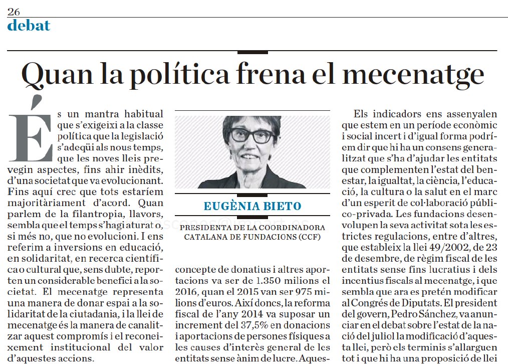 🗣️ "El marc legal que regeix la #filantropia ha quedat obsolet. És miop considerar els incentius a les donacions com a despeses, si són una manera de finançar els fins d'interès general". 

📰 Article d'<a href="/EugeniaBieto/">Eugenia Bieto</a>, presidenta de la CCF, pel <a href="/diariARA/">diariARA</a> 👉 bit.ly/3SIQoYR