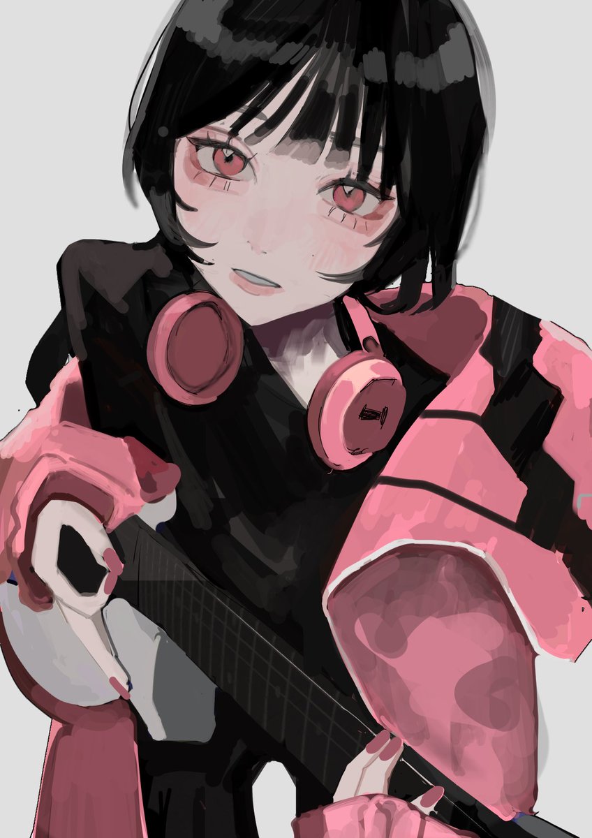 1girl solo black hair headphones instrument holding guitar  illustration images