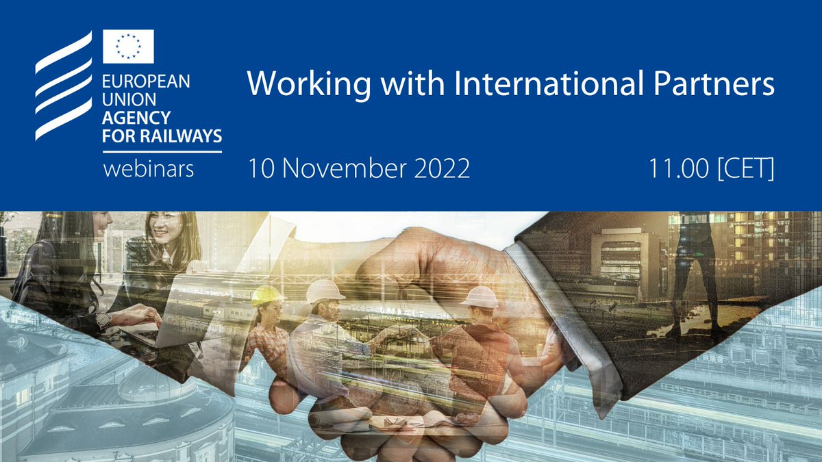 ERA_railways's tweet photo. ๐
SAVE THE DATE for our next #webinar on 10 November!
ERA is fostering international #cooperation with different world regions and international organisations to promote railways and exchange knowledge on regulations ๐ https://t.co/GFXOmgegBV
#ERAwebinars #solidaritylanes https://t.co/DxgaLArV4P