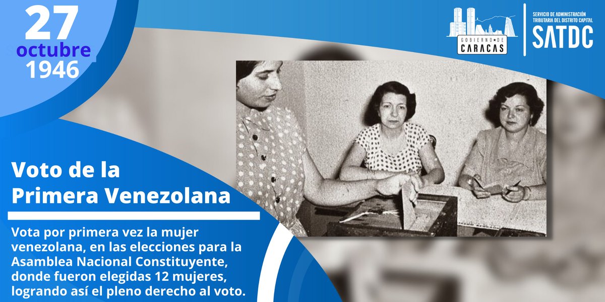 SatdcGdc's tweet photo. Un 27 de octubre de 1946, ellas votaron por primera vez para incorporarse en la Asamblea Nacional, fueron elegidas doce. #Mujer #DerechoAlVoto #Efemerides #SATDC https://t.co/eHlVJiZyF6