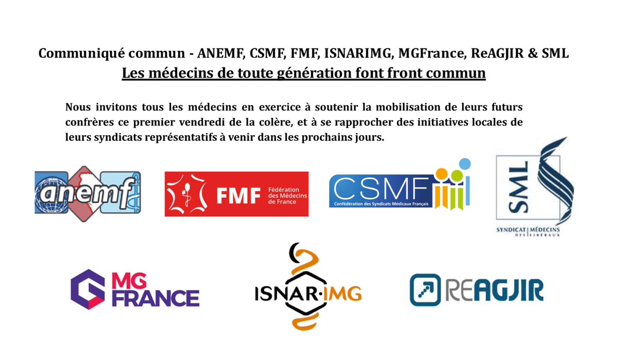 Communiqué commun <a href="/ANEMF/">ANEMF</a> <a href="/CSMF_officiel/">CSMF_officiel</a> <a href="/FMFofficiel/">FMF_Fédération des Médecins de France</a> <a href="/ISNARIMG/">ISNAR-IMG</a> @MGFrance <a href="/ReAGJIR/">ReAGJIR</a> @SML 

Les médecins de toute génération font front commun !

Lire le communiqué ⬇️⬇️⬇️