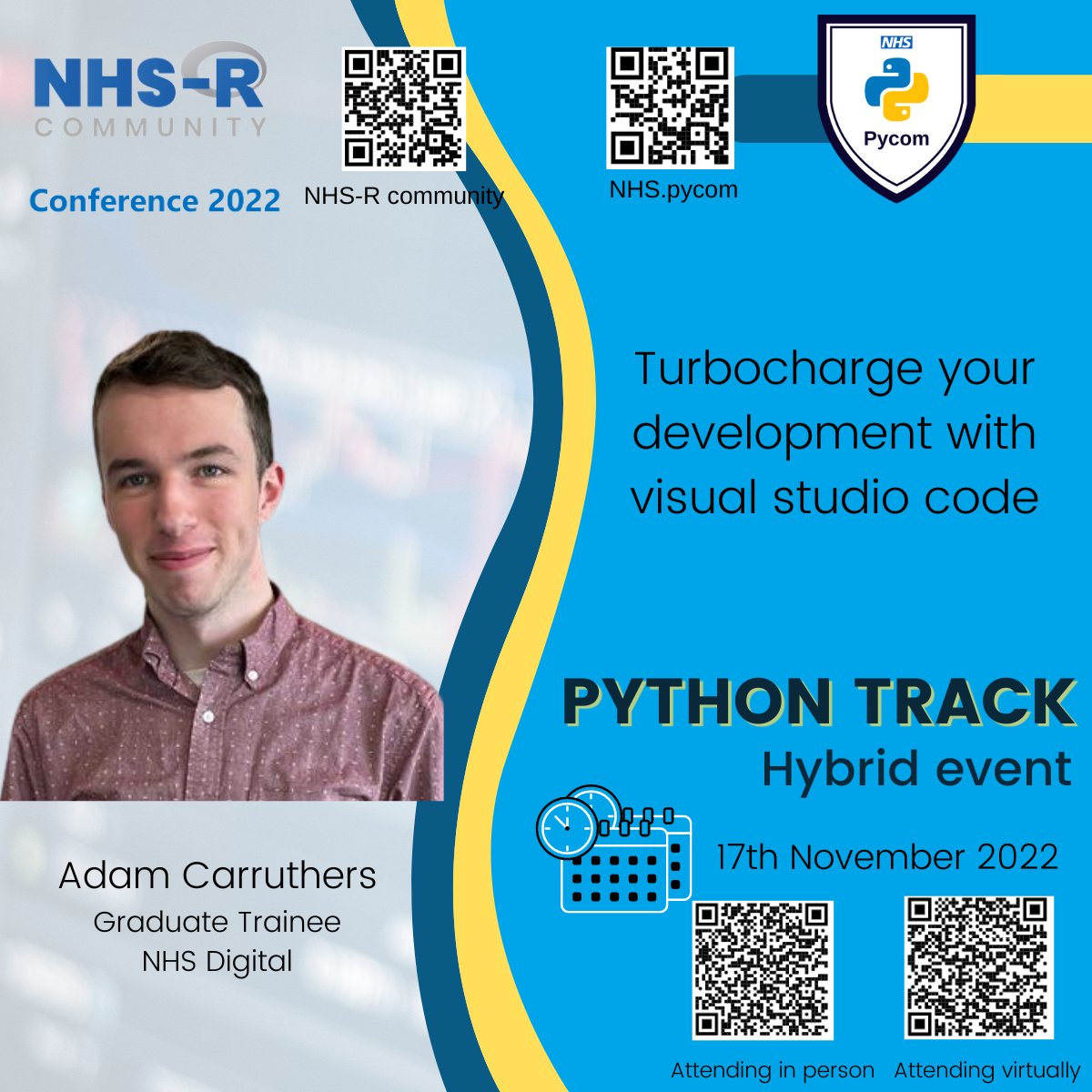 NHS Python Community (@nhspycom) on Twitter photo Come hear Adam Carruthers speaking about turbocharging your development with Visual Studio Code. After earning his degree in Mathematics, Adam joined <a href="/NHSDigital/">NHS England Transformation</a> working as a graduate trainee in several of their teams. <a href="/NHSrCommunity/">NHS-R Community</a> <a href="/NHSEngland/">NHS England</a> <a href="/AnalystX_/">AnalystX</a> #NHS #Python #codefirst Come hear Adam Carruthers speaking about turbocharging your development with Visual Studio Code. After earning his degree in Mathematics, Adam joined <a href="/NHSDigital/">NHS England Transformation</a> working as a graduate trainee in several of their teams. <a href="/NHSrCommunity/">NHS-R Community</a> <a href="/NHSEngland/">NHS England</a> <a href="/AnalystX_/">AnalystX</a> #NHS #Python #codefirst