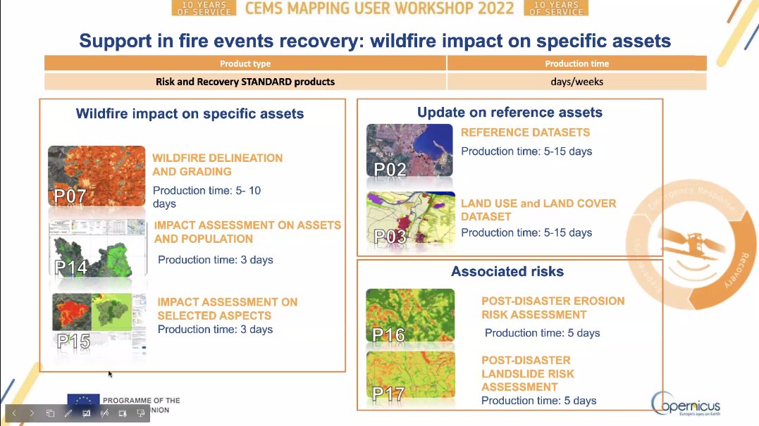 🔴Live from the 2022 #CEMS On-Demand Mapping user workshop

Our 🔥#wildfire-related products &amp; services have been presented and discussed💡

Examples of:
↖️Forest Fire Risk Assessment
↗️Fire Danger Forecast
↙️Forest Fire Delineation maps
↘️Post-event #RRM analyses