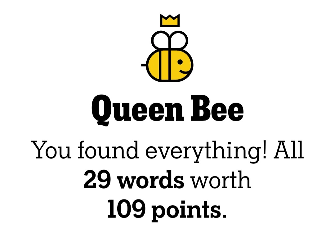 Thursday's #NYTSpellingBee: Fairly quick solve, until I needed @beesolved's help to find the last word, one I don't recall seeing before. #nytsb #hivemind