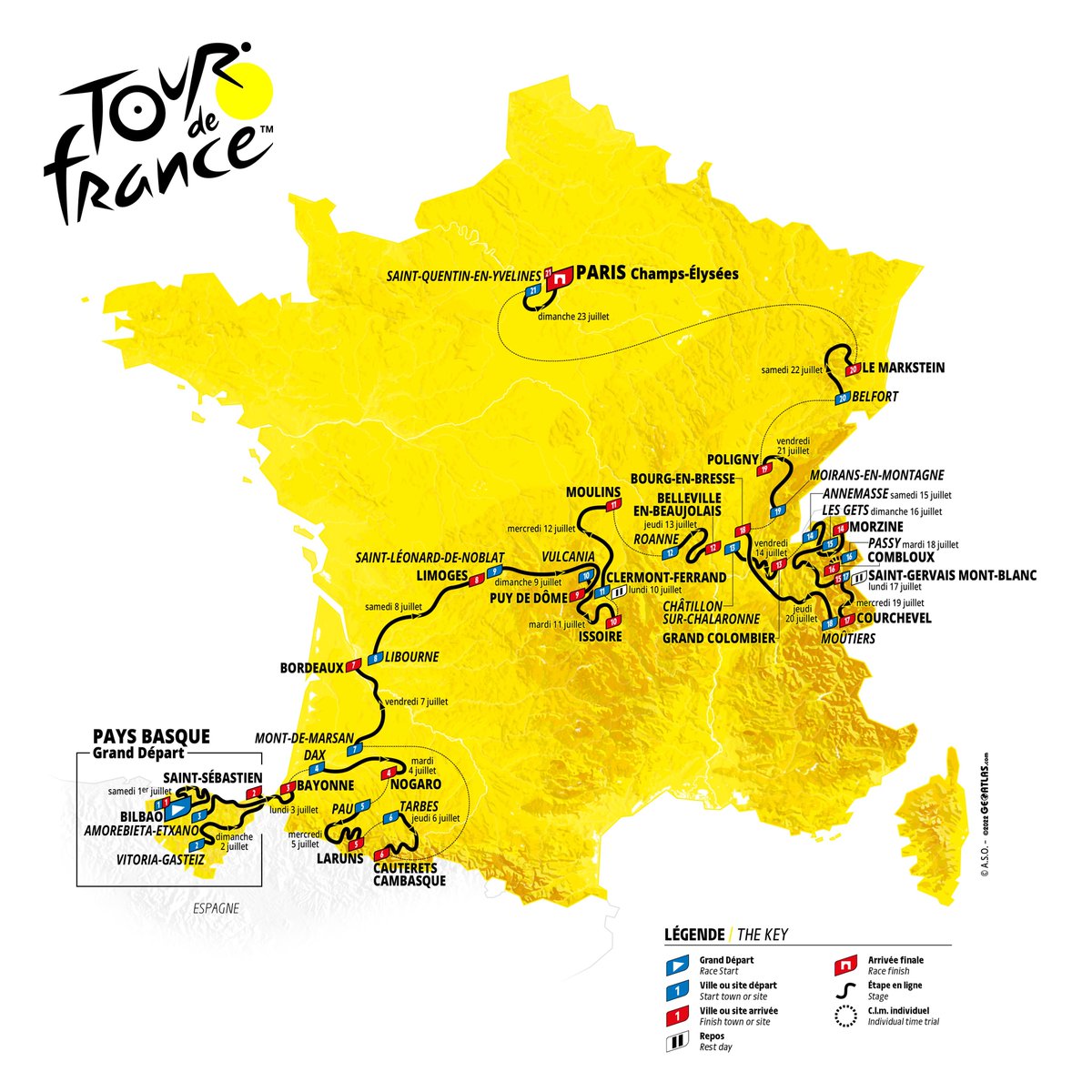 🤩 Here it is, the official route of the #TDF2023!

🤩 Voici le parcours officiel du #TDF2023 !