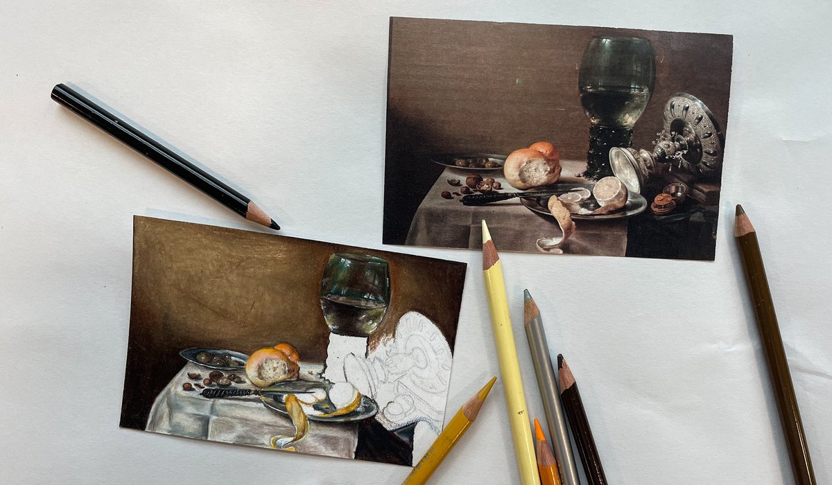 You are going to need to zoom in to see these details. Libby in Advanced Higher producing an amazing copy of a Dutch Still life to investigate the history of the genre. Look at the quality of the pencil work!