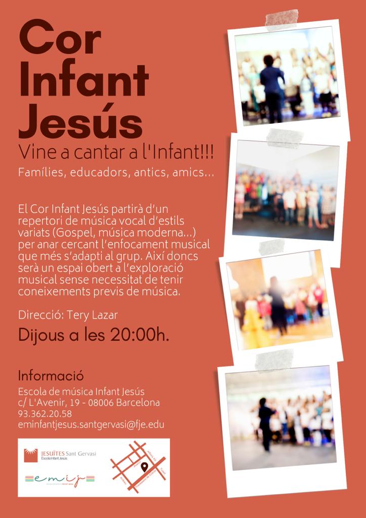 Reprenem el cor de famílies a #JEStGervasi Un espai obert a tota la comunitat educativa, famílies, educadors i antics alumnes. Si tens ganes de cantar, ens veiem els dijous a les 20:00 al Cor Infant Jesús!