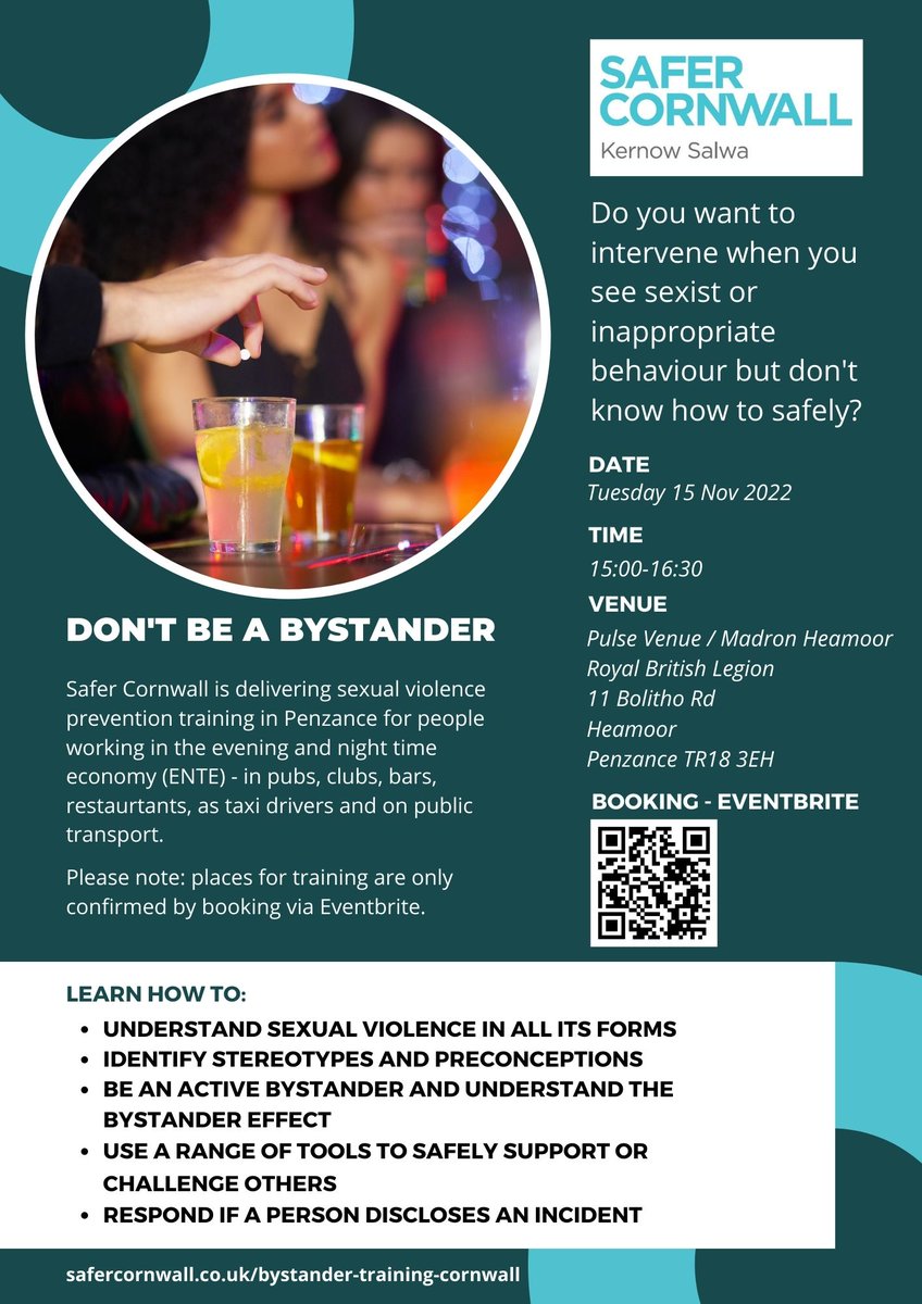PENZANCE pubs &amp; bars - We are coming to Pulse Venue on 15th November to deliver free training on how to spot the signs and intervene safely in response to sexual harassment and sexual assault! 

Sign up using the QR code below 📲

#SaferPenzance  #dontbeabystander #VAWG