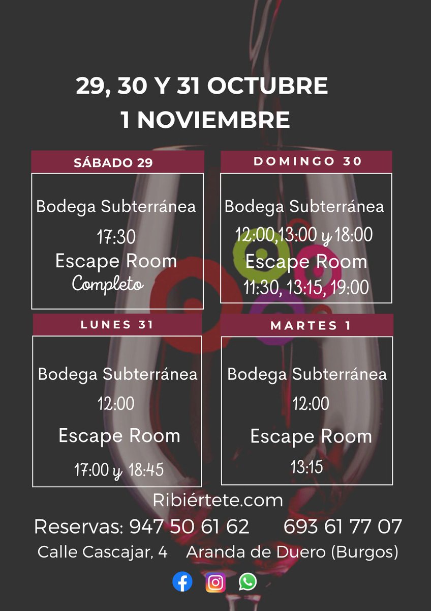 Ya tenemos los horarios para este puente de Todos los Santos. Actividades propuestas: Visita guiada 'copa en mano' a una bodega subterránea del S.XIII y Escape Room del vino (no recomendada para menores de 18 años) Reservas: ribiertete.com #ArandaDeDuero #winelovers