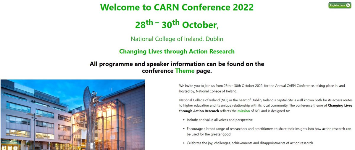We're looking forward to the International CARN Conference taking place at NCI over the coming days which will focus on 'Changing Lives through Action Research'

Well done to our colleagues <a href="/ELI_Docklands/">Early Learning Initiative</a> <a href="/NCILT/">NCI Centre for Education & Lifelong Learning</a> on all of your hard work organising this event #CARN2022