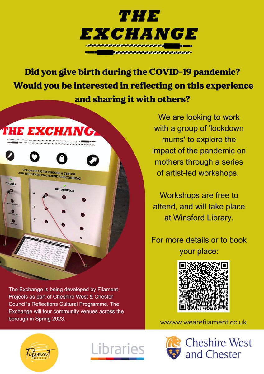 We are delighted to have been commissioned by Cheshire West &amp; Chester Council to develop The Exchange. We are looking to hear from people who become mums during the pandemic.
More details 👉 ticketsource.co.uk/filament-proje…