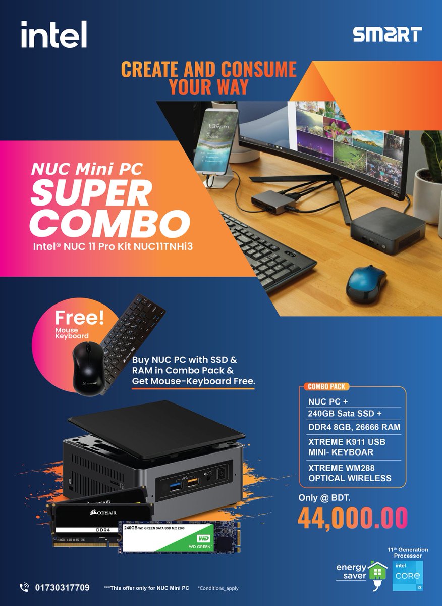 SmartTechBDLtd's tweet photo. Buy NUC PC with SSD &amp; RAM in Combo Pack &amp; Get Mouse-Keyboard Free. 

#Combo_PACK
✳️ NUC PC+
✳️ 240GB Sata SSD+
✳️ DDR4 8GB, 26666 RAM
✳️ Xtreme K911 USB Mini Keyboard
✳️ Xtreme WM288 Optical Wireless

#Contact: 01730-317709 https://t.co/UyhVtllBYK