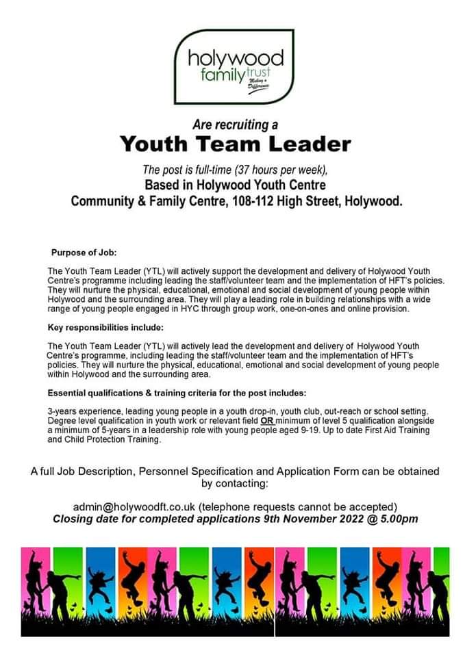 Holywood_YC's tweet photo. We are seeking a dynamic person to lead our Youth team in Holywood Family Trust.  For more information about this exciting role please email admin@holywoodft.co.uk https://t.co/HPauMXpdTh