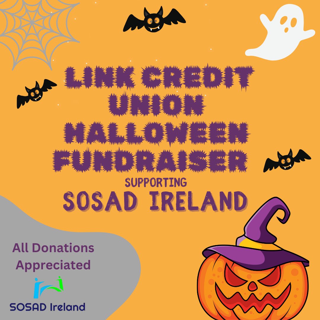 LINK_CU's tweet photo. This weekend we will have a Halloween fundraiser in aid of @SosadIreland who work to raise awareness and help prevent suicide. 
We would ask you to support the fundraiser and this very important local service. All donations are welcome.
#LinkCreditUnion #CommunityBanking https://t.co/nuC4mFZf0I