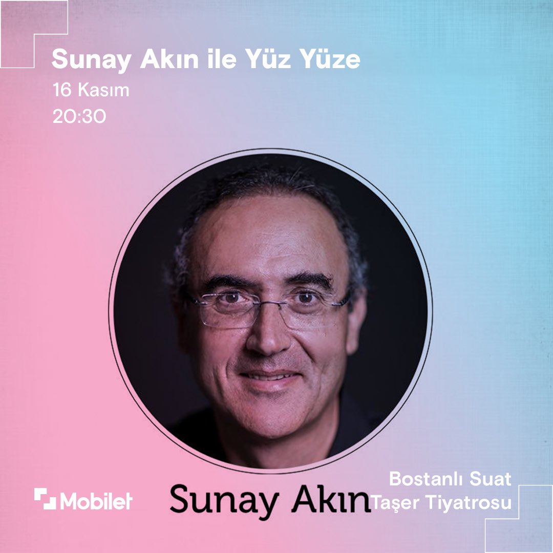 Sunay Akın İle Yüz Yüze, 16 Kasım Çarşamba akşamı Bostanlı Suat Taşer Tiyatrosu'nda! 🎭 Biletler için Mobilet! 🎫 @SunayAkin @Festivalizmir #Mobilet #Etkinlik #Sahne #Tiyatro #SunayAkın mobilet.com/event/sunay-ak…