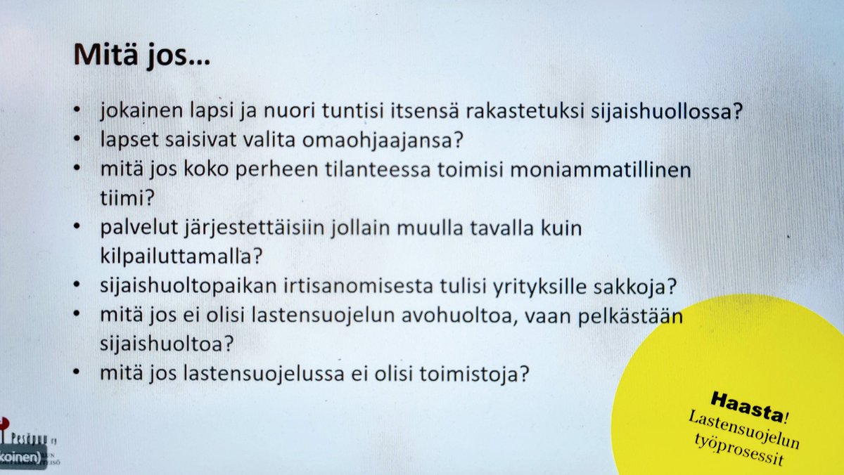 Upeat Milja Kaijanen ja <a href="/onniwestlund/">Onni Westlund</a> <a href="/PesapuuRy/">Pesäpuu ry</a>'stä kysyvät tärkeitä #mitäjos-kysymyksiä Lastensuojelun Tulevaisuustaajuuksilla -hankkeen loppuwebinaarissa. Mitä jos jokainen lapsi tuntisi itsensä rakastetuksi sijaishuollossa?  #tulevaisuustaajuus #ennakointi #lastensuojelu
