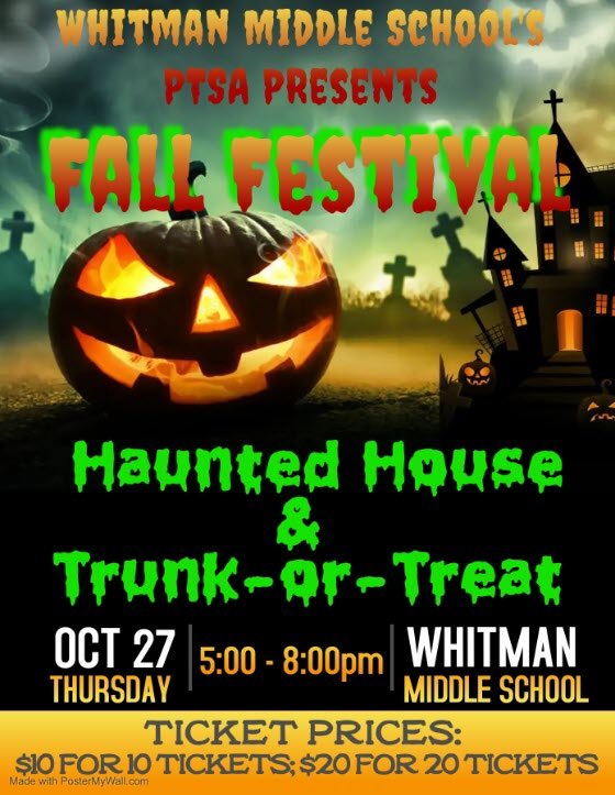 Today is the day! The annual <a href="/W_WhitmanMS/">Walt Whitman MS</a> Fall Festival presented by the PTSA from 5pm-8pm. There will be games, food, Trunk or Treat and of course the Haunted House! #FallFestival #hauntedhouse #trunkortreat #spooky