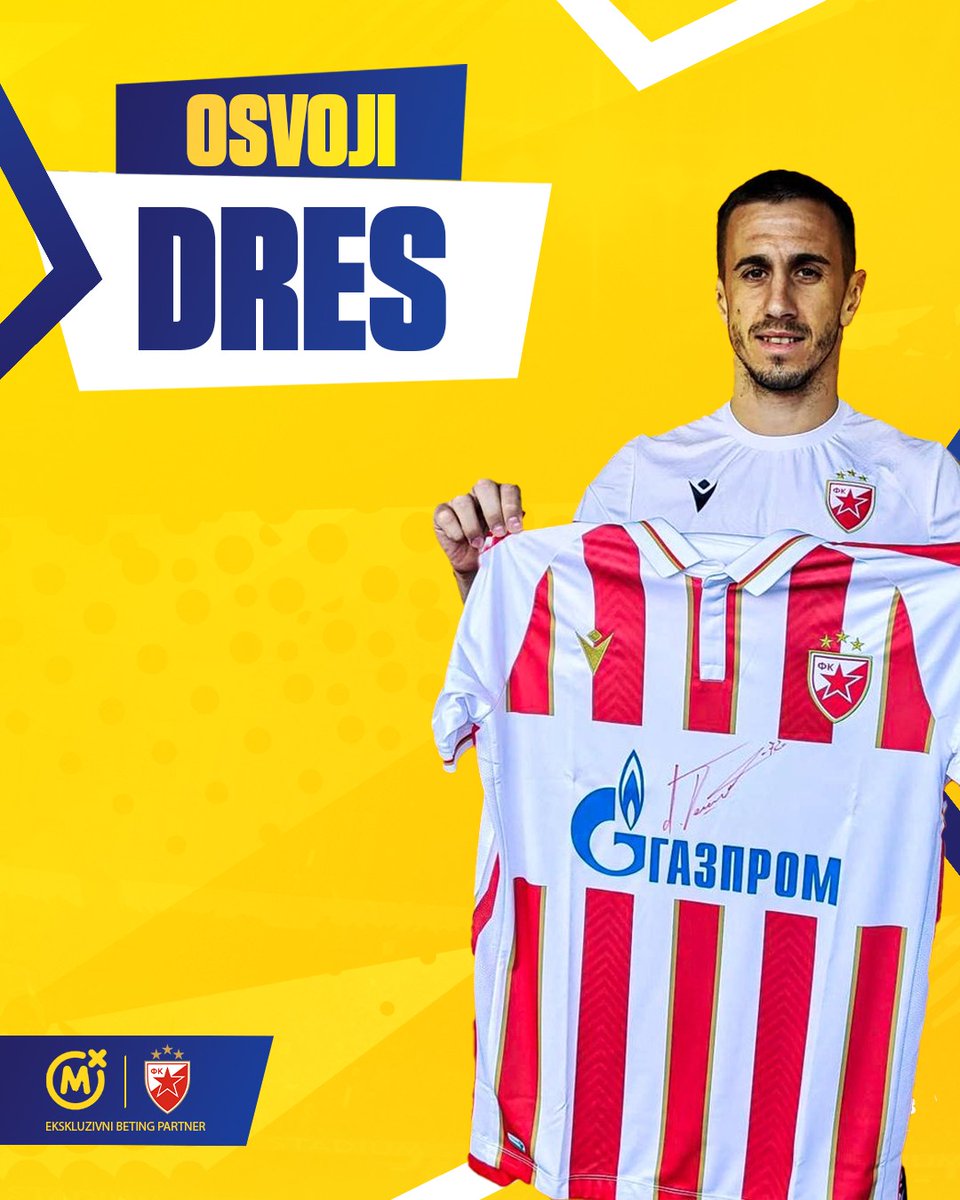 MozzartBet's tweet photo. Mozzart kao ekskluzivni beting partner @crvenazvezdafk poklanja potpisan dres Aleksandra Pešića

Sve što je potrebno je da:

• pratiš @MozzartBet ✅

• retvituješ uz quote 🔁

 • prognoziraš koliko će Zvezda dati golova i koliko će kornera imati protiv Trabzona. https://t.co/NopPwKzgaC